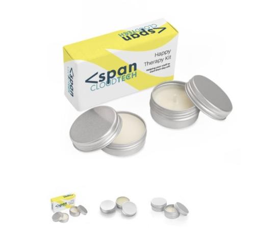 2 Piece Happy Therapy Set In A Printed Box, Mini Candle, Lip Body Balm