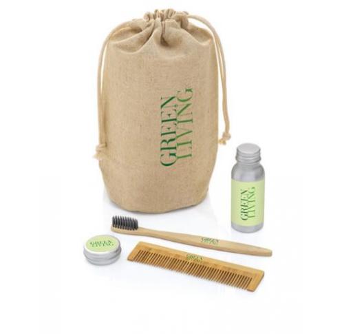 Custom Logo White Label Gift Set In Hemp Bag - Contains Bamboo Comb, Toothbrush, Body Wash, Lip Balm