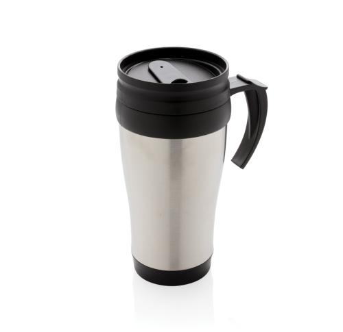 Branded Stainless Steel Mug 350ml  Silver -  Black Trim With Handle
