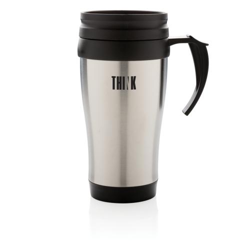 Branded Stainless Steel Mug 350ml  Silver -  Black Trim With Handle