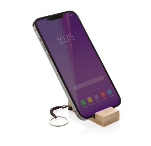 Branded Standkey bamboo keychain phone stand brown