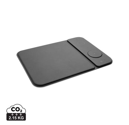 Swiss peak RCS recycled PU 15W 3 in 1 charging mousepad black