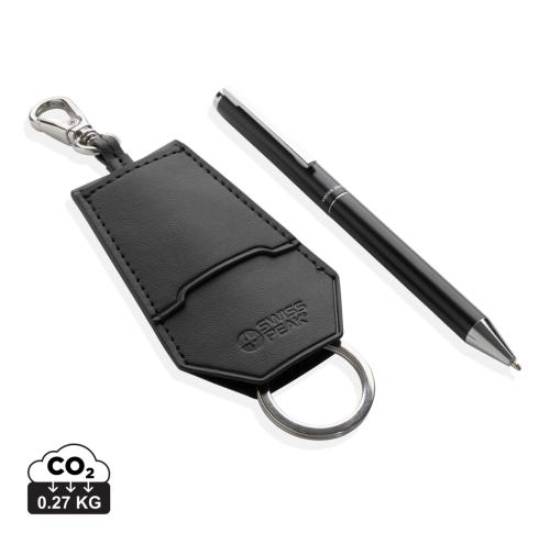 Swiss Peak Tula RCS certified recycled PU key holder and pen set black Custom Logo