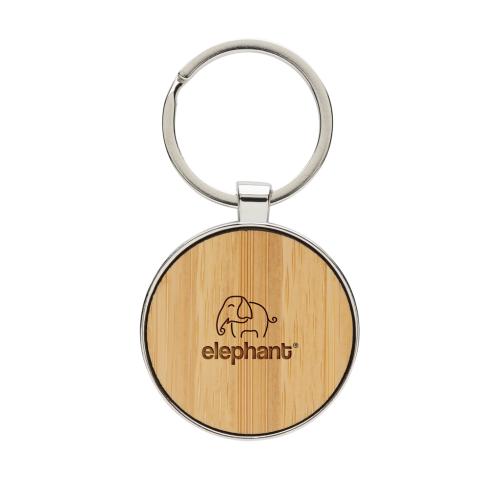 RCS recycled zinc alloy round keychain with bamboo silver, brown