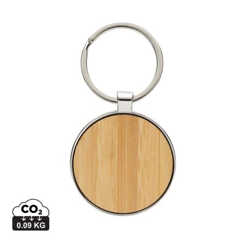 RCS recycled zinc alloy round keychain with bamboo silver, brown