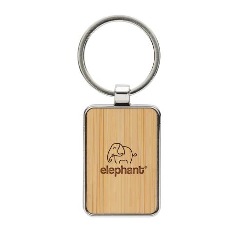 RCS recycled zinc alloy rectangle keychain with bamboo silver, brown