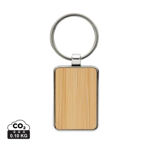 RCS recycled zinc alloy rectangle keychain with bamboo silver, brown