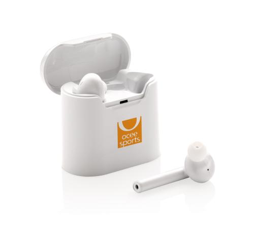 Printed Promotional White Wireless Headphones Branded Earbuds In Charging Case