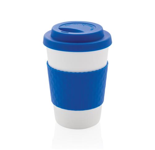 Promotional Printed Reusable Coffee Takeaway Cups 270ml Blue Trim