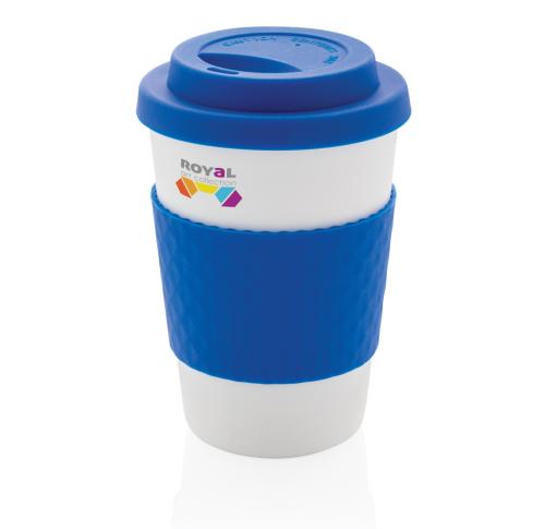 Promotional Printed Reusable Coffee Takeaway Cups 270ml Blue Trim