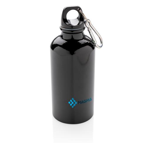 Branded 400ml Aluminium Metal Reusable Sport Bottle With Carabiner - Black