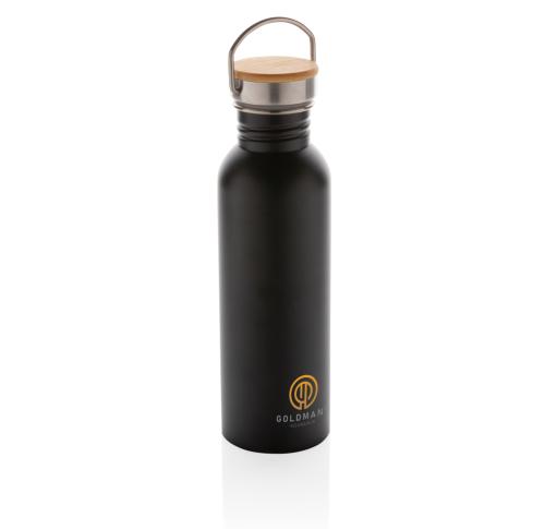 Branded Stainless Steel Bottle With Bamboo Lid - Black Modern 