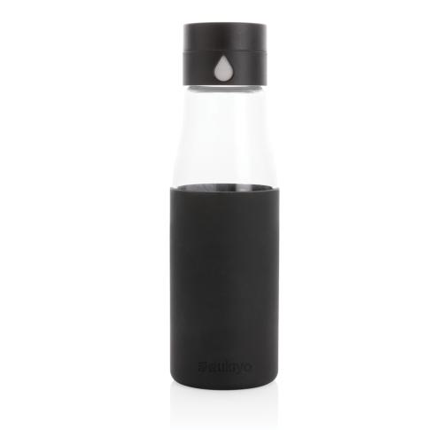Branded Ukiyo Glass Hydration Tracking Water Bottle With Sleeve - Black
