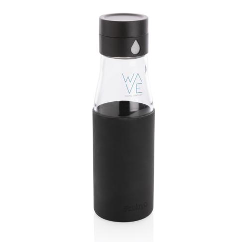 Branded Ukiyo Glass Hydration Tracking Water Bottle With Sleeve - Black
