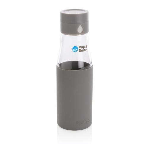 Ukiyo glass hydration tracking bottle with sleeve