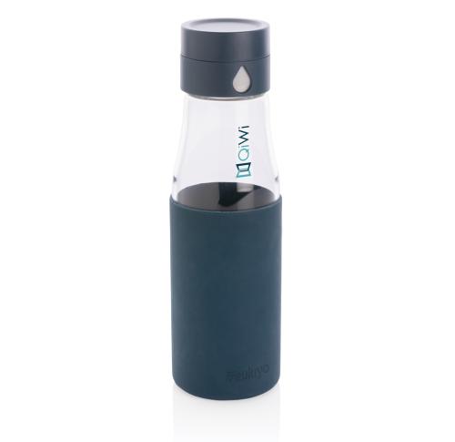 Ukiyo Glass Hydration Tracking Water Bottle With Sleeve Blue