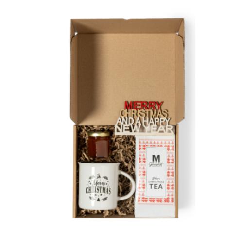 Christmas Gift Set - Tea, Honey, Ceramic Mug And Wooden Christmas Card