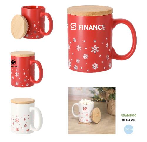 Ceramic 300ml Christmas Design Mug Snowflakes Bamboo Lid