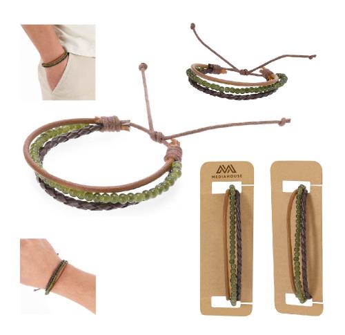 3 Leather Woven Cord Bracelet Glass Beads Gift Boxed