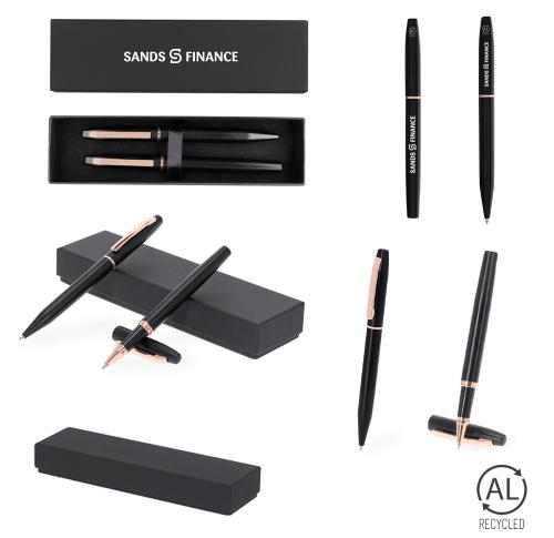 Luxury Pen & Rollerball Recycled Matte Black Aluminium & Rose Gold Pen Set Mobex