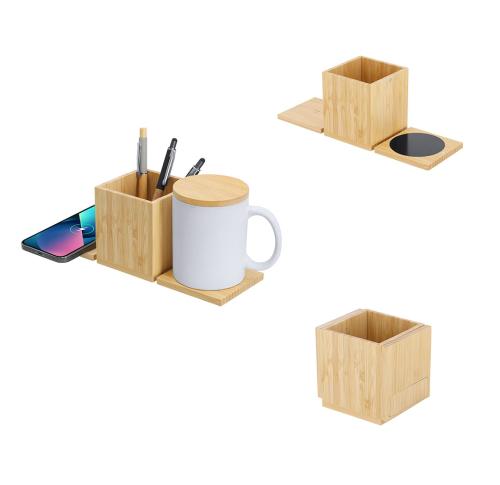 Bamboo Multifunction Pencil Holder - 15W Wireless Charger, Cup Warmer