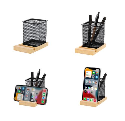 Metal Mesh Pencil Holder Bamboo Base Manish Integrated Smartphone Holder
