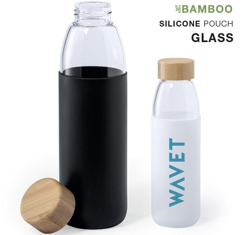 Glass Water Drinks Bottle 540ml Bamboo Lid Silicone Cover Gift Boxed
