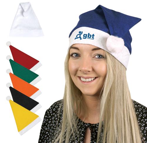Polyester Christmas Santa Hat White Trim and Bobble Custom Logo