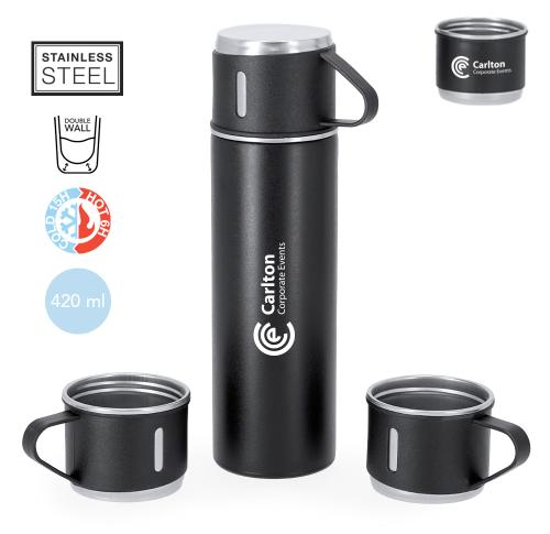 Thermos Flask 420ml Coffee Set Includes 3 Stainless Steel Cups