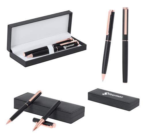 Luxury Pen & Roller Black Aluminium & Rose Gold  Set Blexa