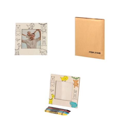 Natural Wood Photo Frame With Animal Design and Crayons 7.5 x 7.5 cms