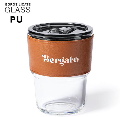 Printed Logo Glass And Leather Luxury Takeaway Coffee Cups 400ml