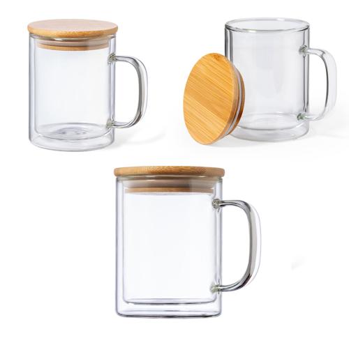 Printed Logo Glass Insulated Tea / Coffee Mugs 370ml Bmboo LidLaik