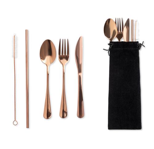 Promotional Copper Coated Stainless Steel Cutlery Sets Including Straws