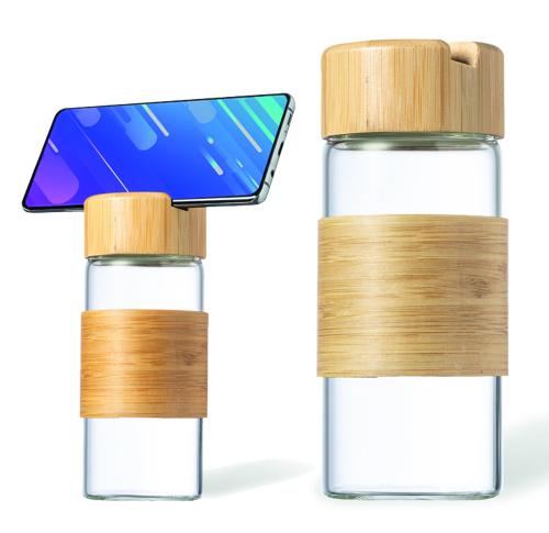 Printed 450ml Glass Water Bottle Bamboo Trim Phone Holder