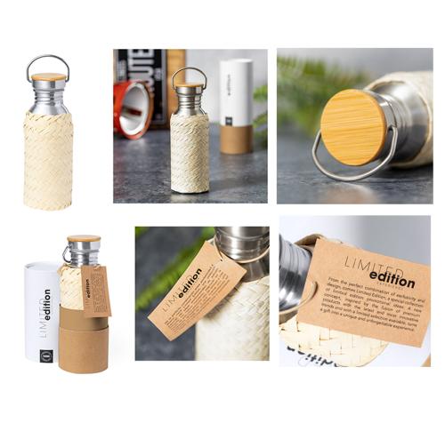 Custom Stainless Steel Water Bottles Eco Raffia Cover Limited Edition 600ml Gift Box