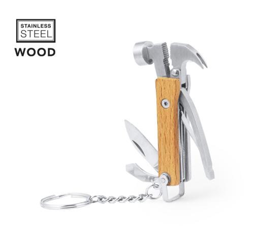 Branded Multi tool Keyrings Stainless Steel And Wood