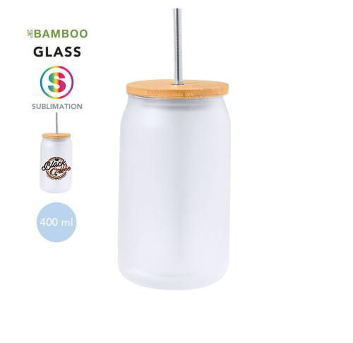 Branded glass Jar Bamboo Lid Stainless Steel Straw 400ml