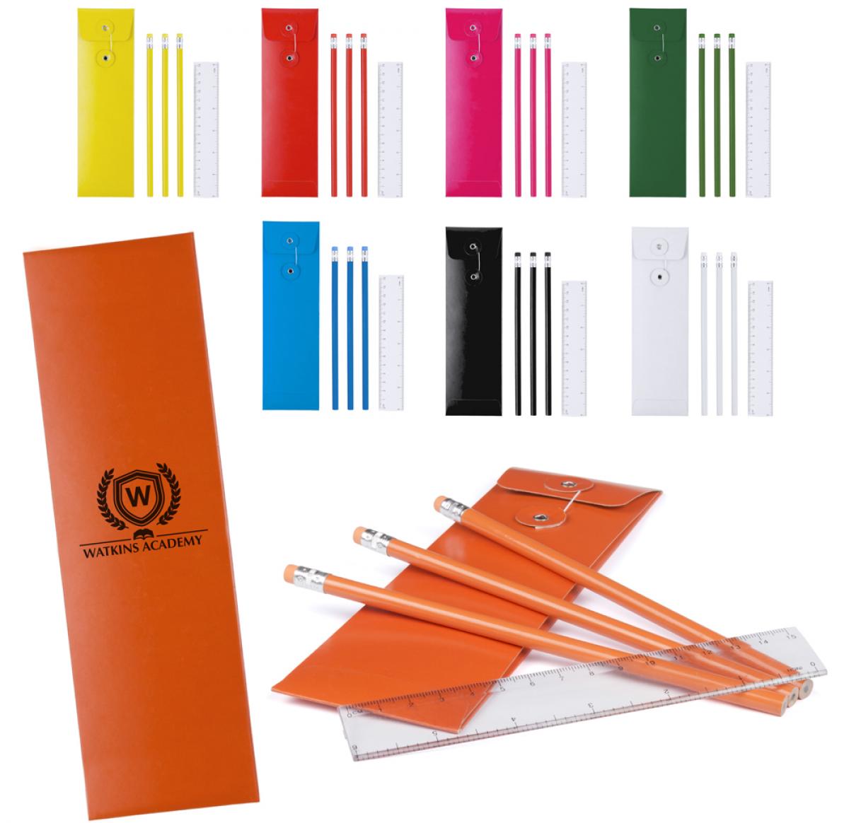 3 Crayons, Matching Eraser & Plastic Ruler In Card Pencil Pouch