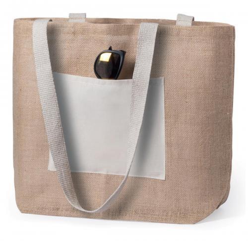 Jute & Cotton Shopping Bag Long Handles Front Cotton Pocket