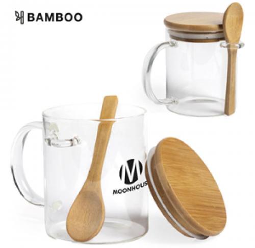 Custom Printed Eco Glass Coffee Mugs 420ml With Bamboo Lid & Spoon