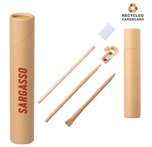 Recycled Cardboard Pen Set Includes 2 Wooden Pens, 1 Cardboard Ball Pen, Wooden Sharpener & Eraser