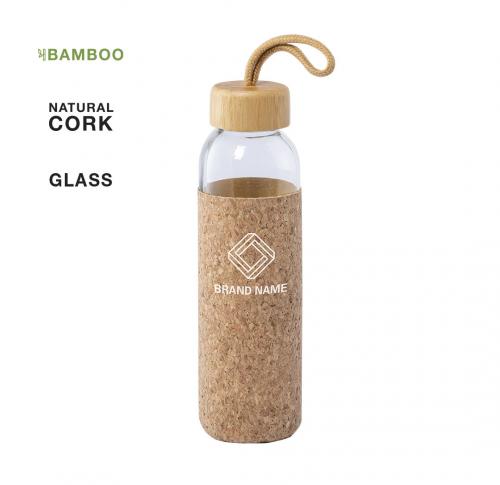 Glass Water Bottle Cork Base Wooden Screw Top Lid 450ml Eco