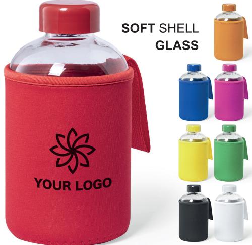 Printed Logo Glass Squat Water Bottle Soft Shell Cover 600ml