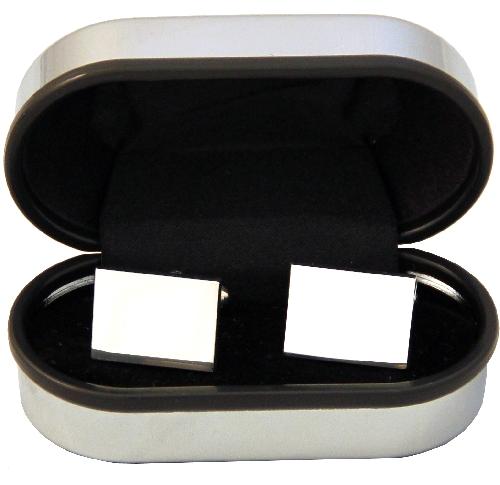 Branded Rectangular Silver Cuff Links Rhodium Plated In Chrome Cufflink Case