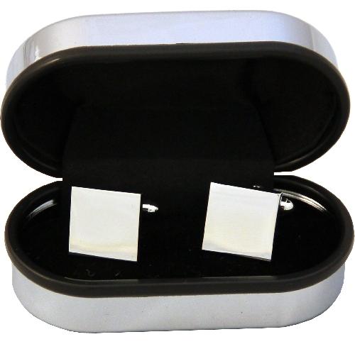 Laser Engraved Square Cuff Links Rhodium Plated In Chrome Cufflink Case