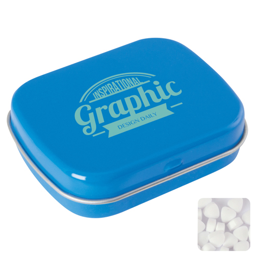 Flat hinged tin with sugar free mints