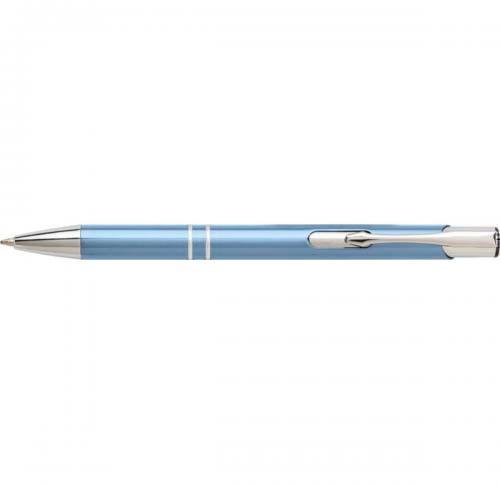 Aluminium ballpen with blue ink.