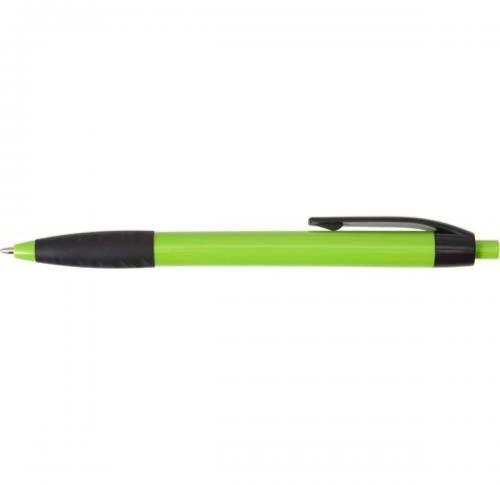 Plastic ballpen with a rubber grip and black ink.