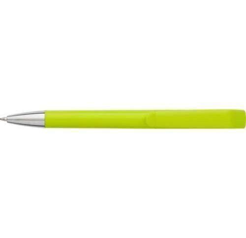 Plastic ballpen with coloured barrel, blue ink and a geometric design twist action clip.